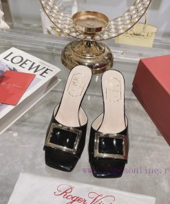 Roger Vivier RV open toed metal square buckle high-heeled slippers with cooldown, new RV earhnl3zlxn