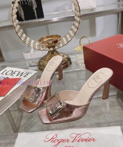 Roger Vivier RV open toed metal square buckle high-heeled slippers with cooldown, new RV earyon8agl5