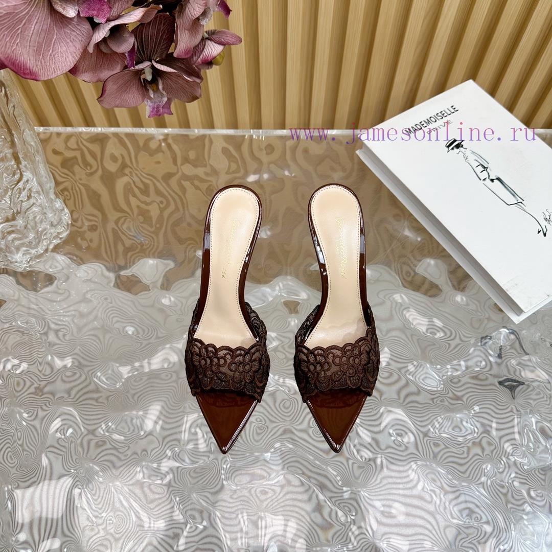 Gianvito Rossi 2024 Classic Pointed Embroidered Lace High Heels Half Dragged————————————Its j5ju6arv - Image 3