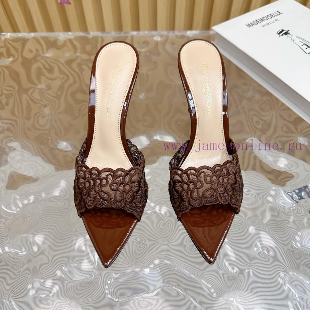 Gianvito Rossi 2024 Classic Pointed Embroidered Lace High Heels Half Dragged————————————Its j5ju6arv - Image 4