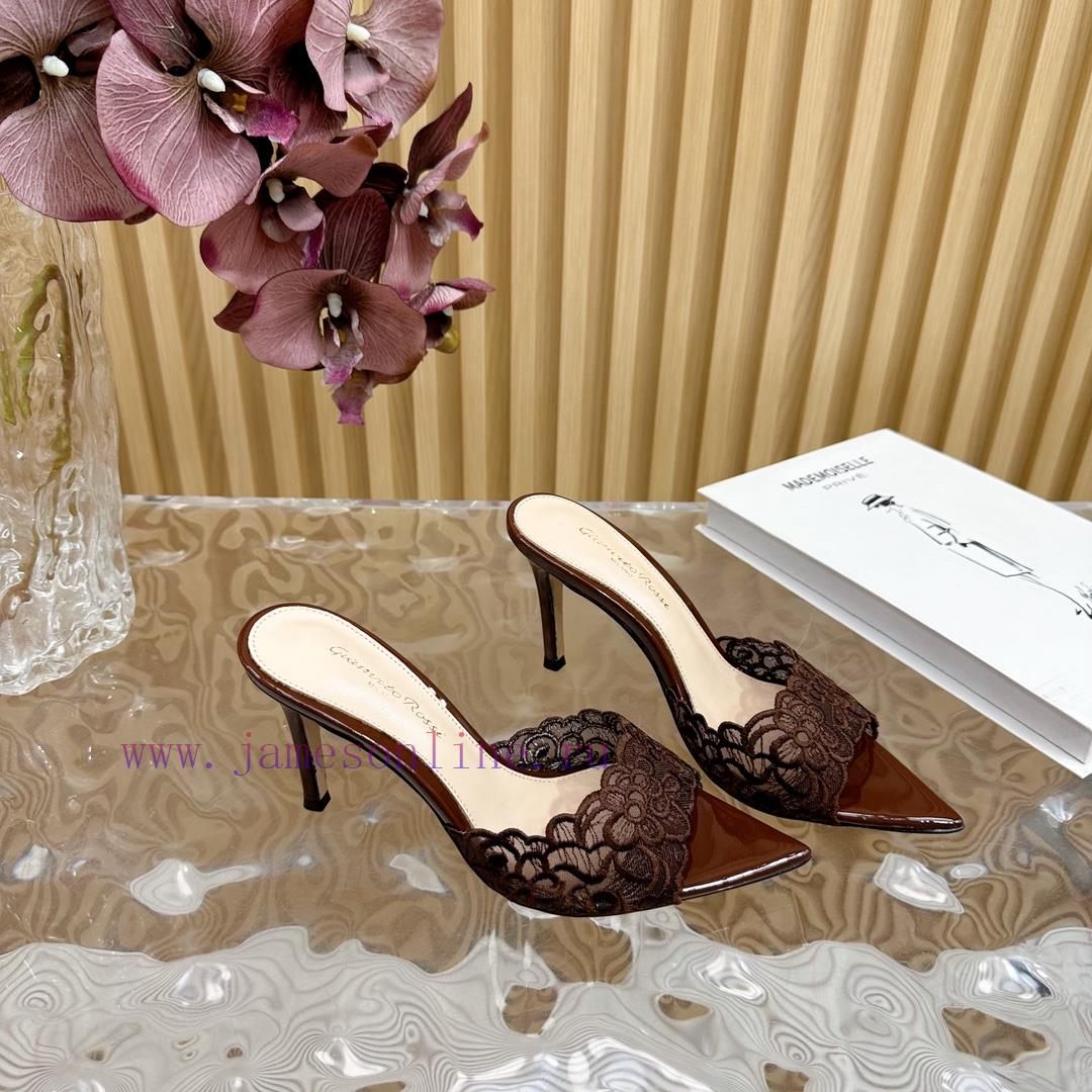 Gianvito Rossi 2024 Classic Pointed Embroidered Lace High Heels Half Dragged————————————Its j5ju6arv - Image 9