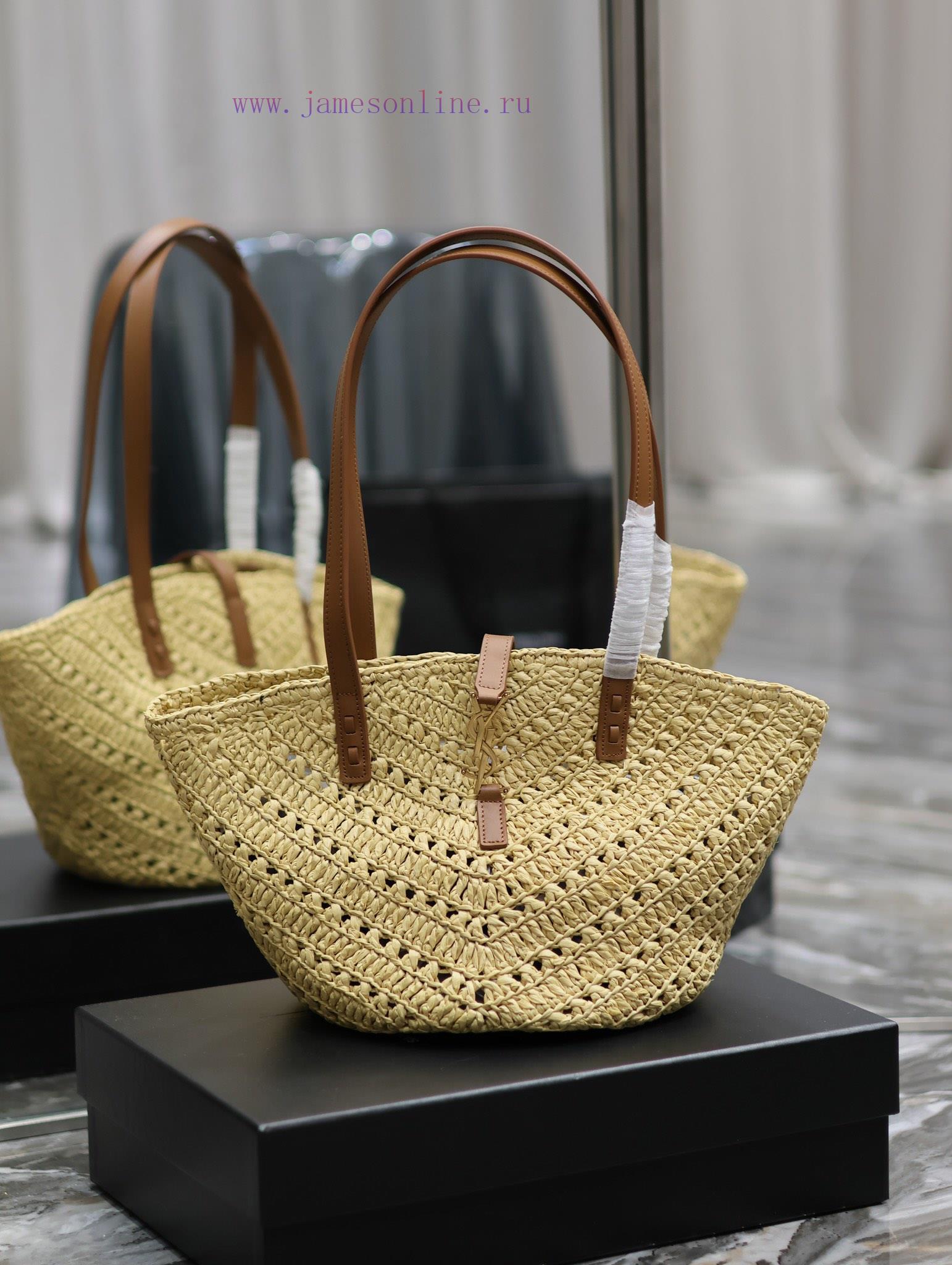 Yves Saint Laurent Bags Apricot SmallPANIER vegetable basket V-shaped hollow woven straw tote bag_The exquisite Pari igb9da0s