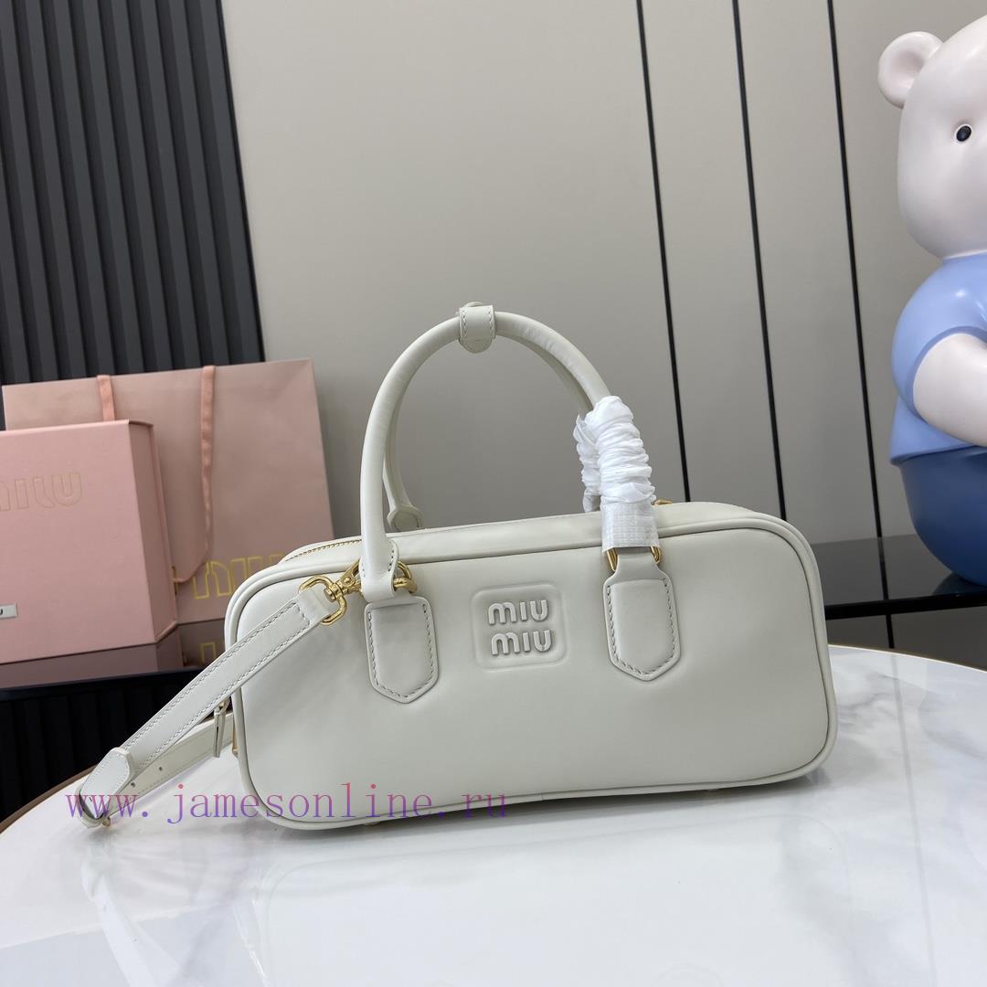 MiuMiu Bags New Miumiu Miu Arcadie Cowhide Medium (27cm) Bowling Handbag/Crossbody Bag - Cognac Leather Wit aa52rofc