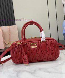 MiuMiu Bags New Arcadia Matelasse Sheep Leather Medium 27cm Bowling Handbag/Crossbody Bag - Red SheepskinTh gpu245np