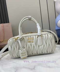 MiuMiu Bags New Arcadia Matelasse Sheep Leather Medium 27cm Bowling Handbag/Crossbody Bag - White Sheepskin p64y7msg