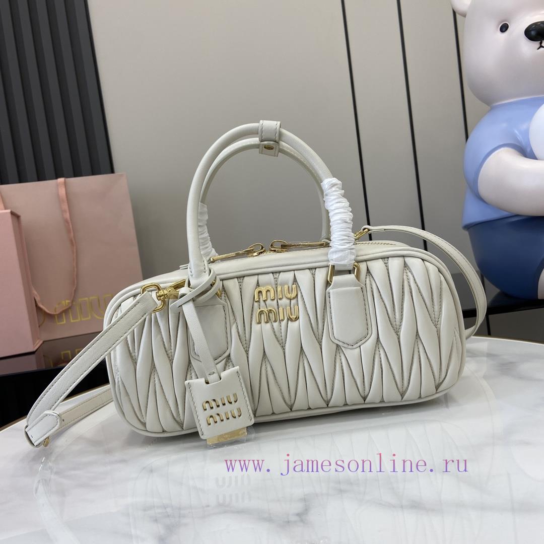 MiuMiu Bags New Arcadia Matelasse Sheep Leather Medium 27cm Bowling Handbag/Crossbody Bag - White Sheepskin p64y7msg