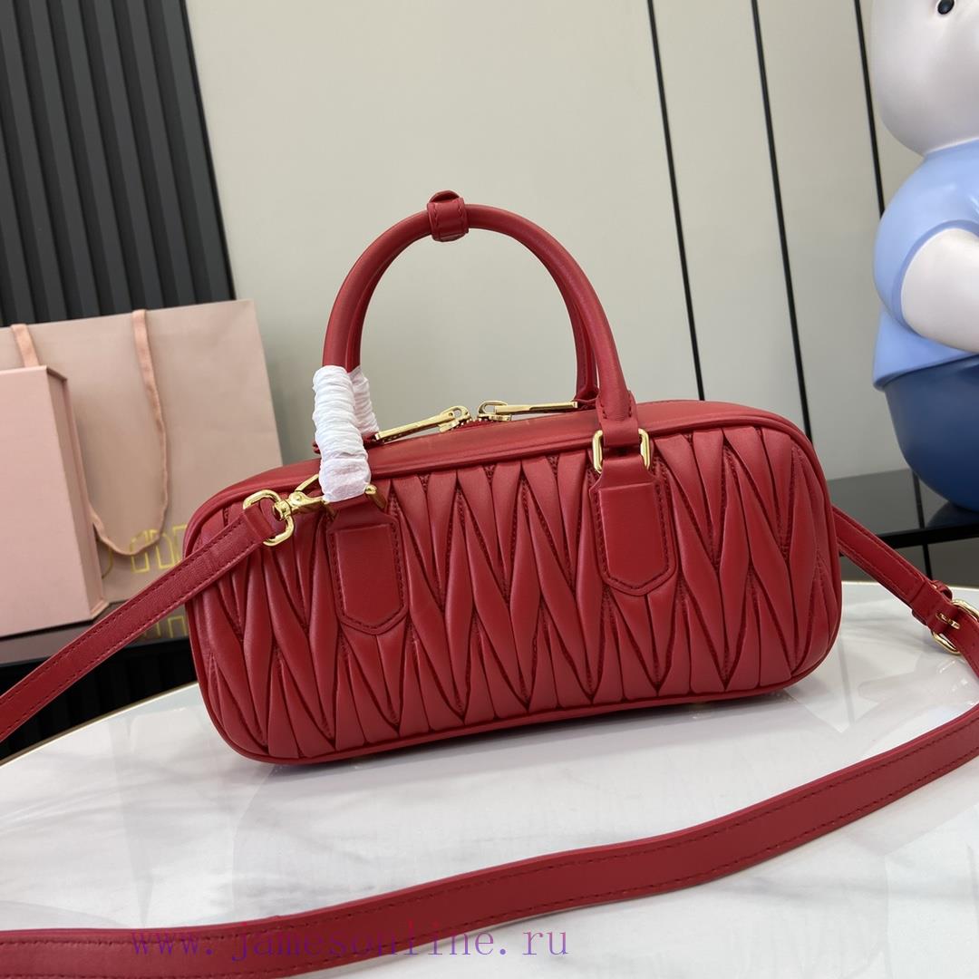 MiuMiu Bags New Arcadia Matelasse Sheep Leather Medium 27cm Bowling Handbag/Crossbody Bag - Red SheepskinTh a60lql52 - Image 4