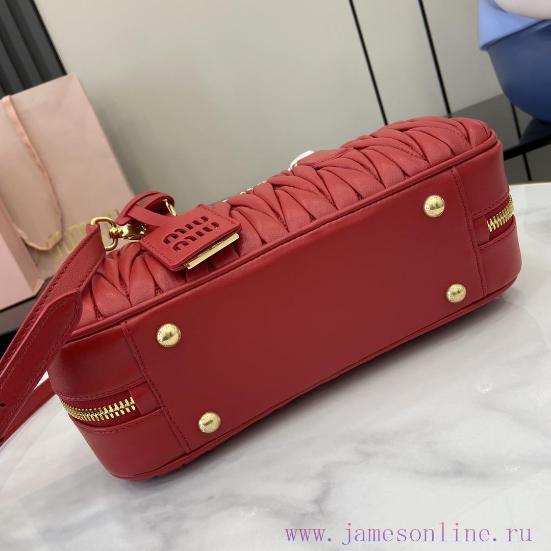 MiuMiu Bags New Arcadia Matelasse Sheep Leather Medium 27cm Bowling Handbag/Crossbody Bag - Red SheepskinTh a60lql52 - Image 5