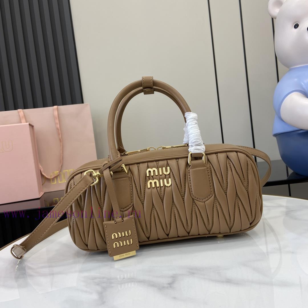 MiuMiu Bags New Arcadia Matelasse Sheep Leather Medium 27cm Bowling Handbag/Crossbody Bag - Brown Sheepskin vorgti7n