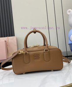MiuMiu Bags New Miumiu Miu Arcadie Cowhide Medium (27cm) Bowling Handbag/Crossbody Bag - Cognac Leather Wit a2k0xt8v