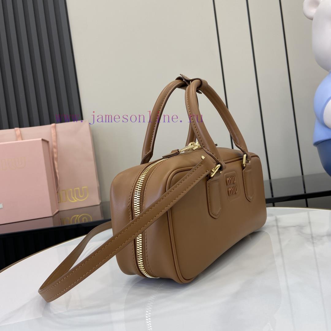 MiuMiu Bags New Miumiu Miu Arcadie Cowhide Medium (27cm) Bowling Handbag/Crossbody Bag - Cognac Leather Wit a2k0xt8v - Image 3