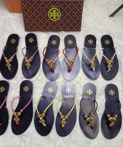 20612-3 Tory Burch Flat Bottom Pinch Sandals Made Of Cowhide Fabric Available In Black Red Pink 30r52dd5