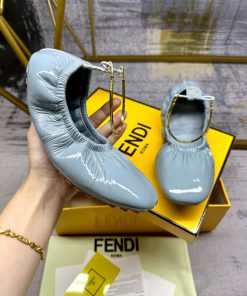 FENDI Filo Ballet Flat Shoes With Metal Ankle Strap FF Decorative Heel Blue Soft Lacquer Leathe nslpwr9s