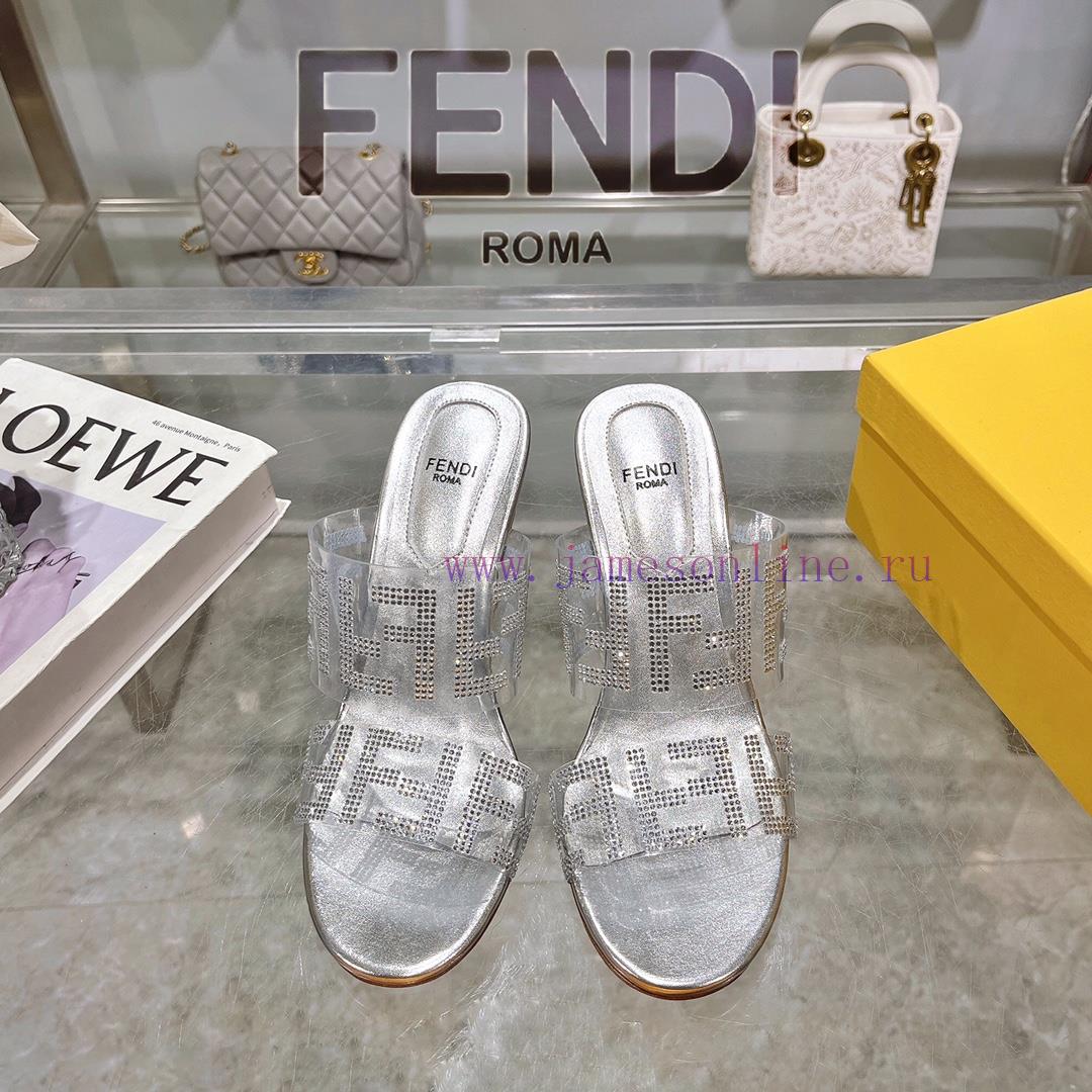 ② ⓪②④ 𝙁𝙀𝙉𝘿𝙄 | Fendi FRIST Round Head Rhinestone Film High Heels With Rhinestone Dragging Style evdvnjas