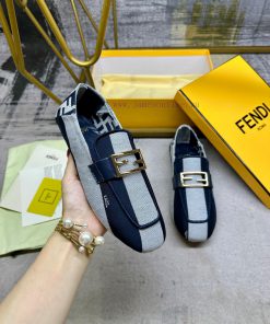 Latest FENDI Loafers Two Tone Striped Canvas Fabric Embroidered Edging Gold Buckle Sheepskin In xn6qdbem