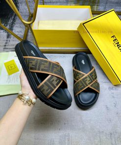 FENDI Cross Strap Slippers Brown FF Jacquard Fabric Detail Brown Leather Decoration Non Slip Ru vnzwyl4g