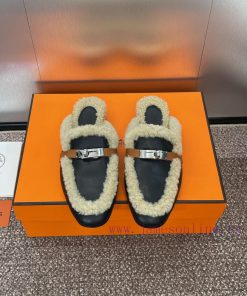 Hermes Autumn And Winter Classic Kelly Buckle OZ Color Blocked Fur One-piece Women's Shoes Herm nkii4wlc