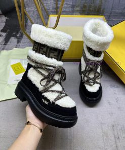 FENDI Round Toe Apres Ski Boots White Lambhair+black Suede Details Jacquard Fabric Details On T vt82wh71