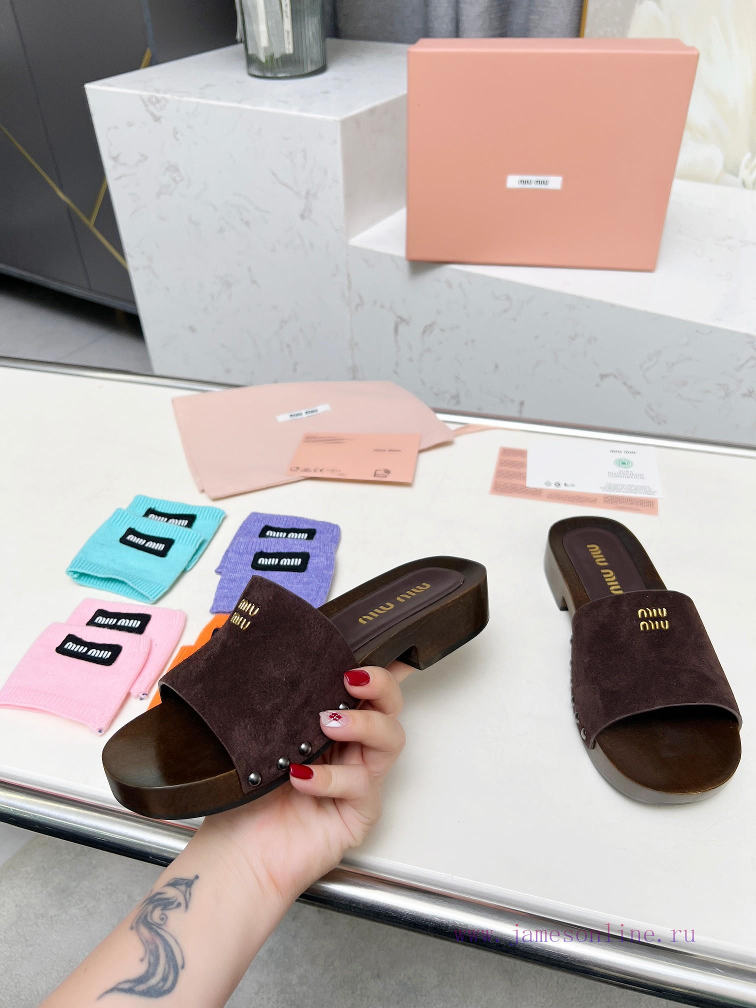 P. Miu Miu's New Cool Slippers Clog Slippers Fashionable And CasualImported Soft Cowhide With H 0a5meaqi - Image 5