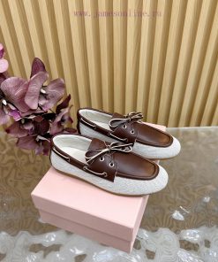 MiuMiu 2025 Brushed Lace Up Chicken Eye Flat Bean Shoes——————————Show Off New Styles Vintage Le 1kkunaij