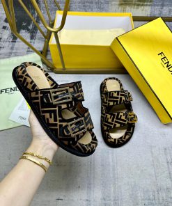 FENDI's Latest Popular Double Strap Flat Slippers With FF Decorative Buckle Velvet FF Fabric Sa xo5oc2u0