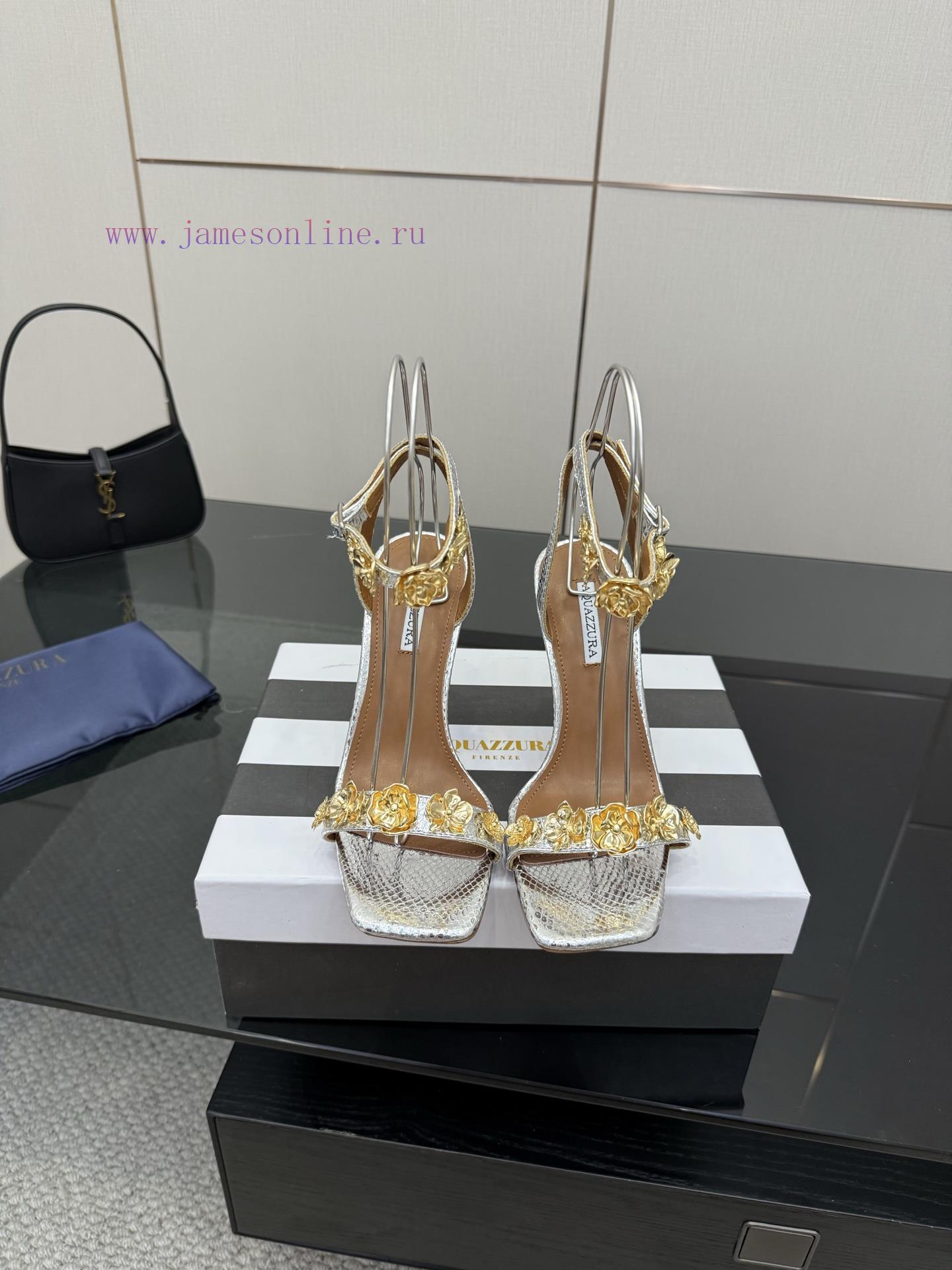 The MostAQUAZZURA Pineapple High Heels2025 Spring/Summer Metal Flower Decorative Sandals With S fydohgdj