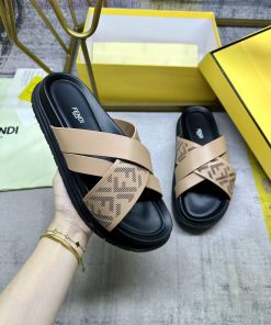 FENDI's Latest Cross Striped Slippers Feature A Light Brown Leather Surface With Laser Engraved rd9c6xac