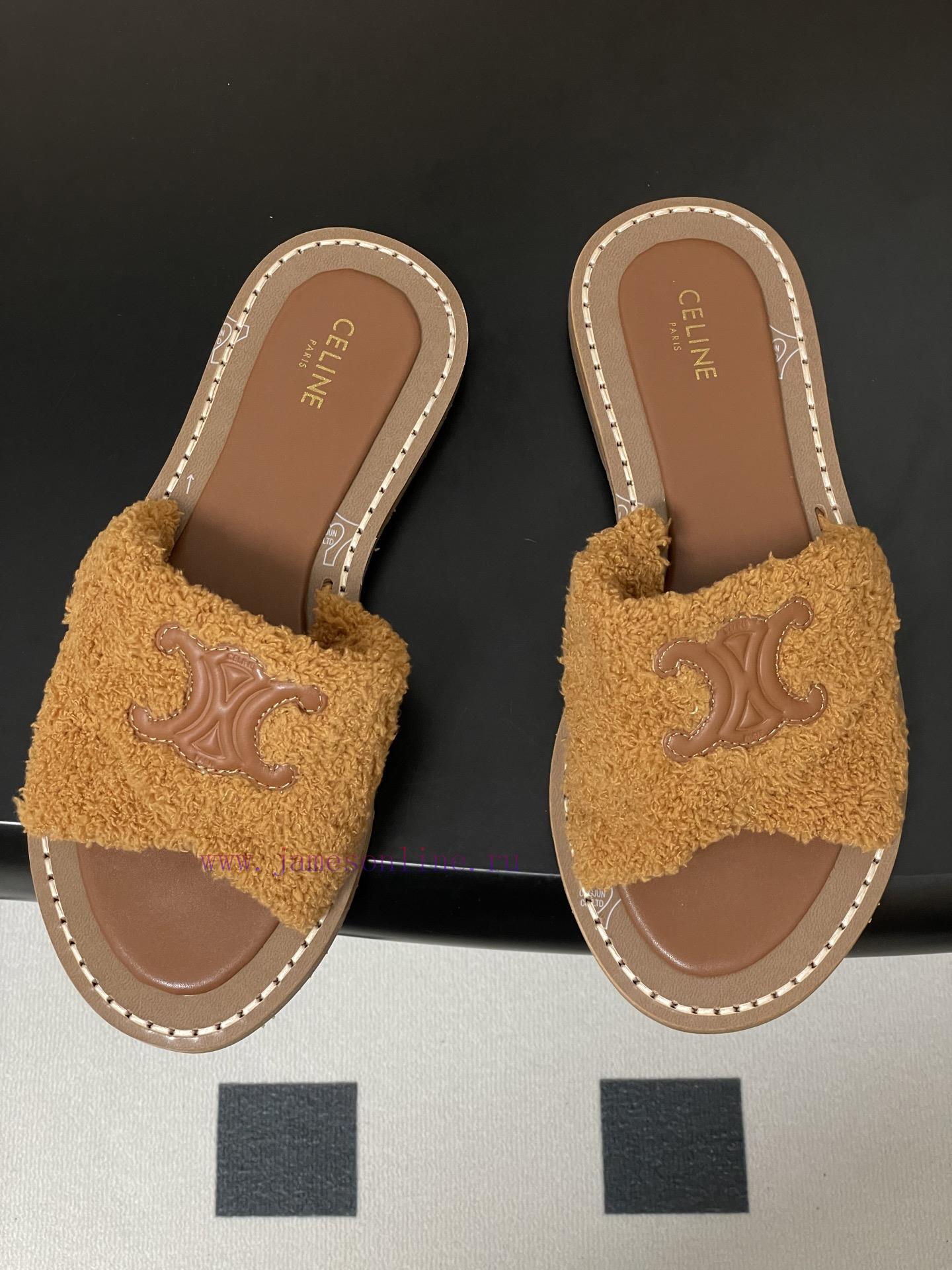 -Top Quality25ss Spring/Summer New CELINE LYMPIA Twisted Plush Slippers Triumphal Arch Plush Fa e15on2u1 - Image 3