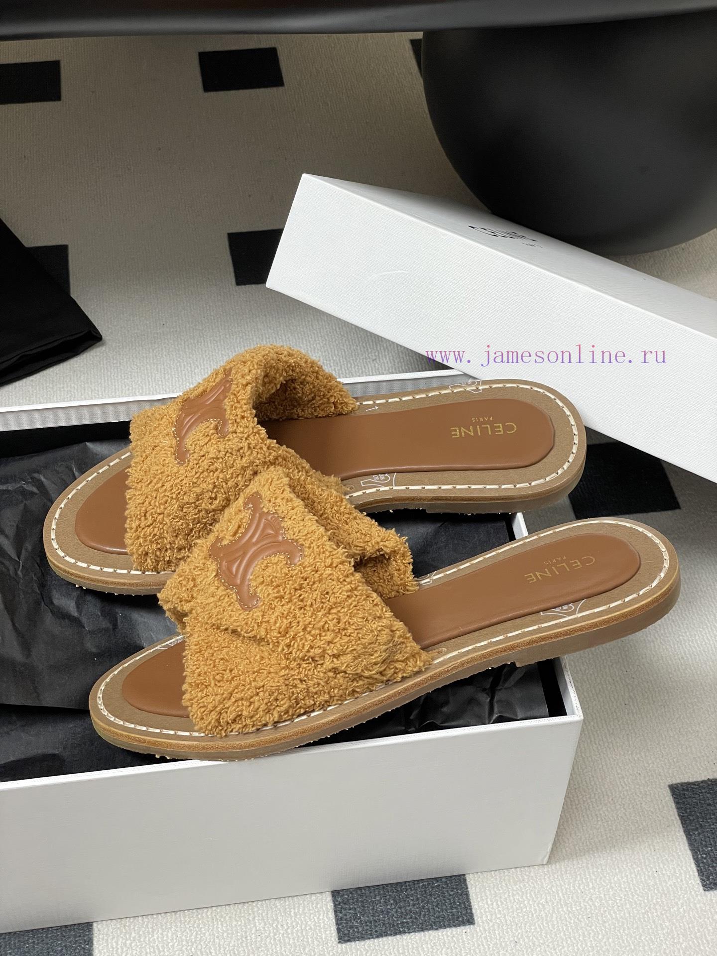 -Top Quality25ss Spring/Summer New CELINE LYMPIA Twisted Plush Slippers Triumphal Arch Plush Fa e15on2u1 - Image 5