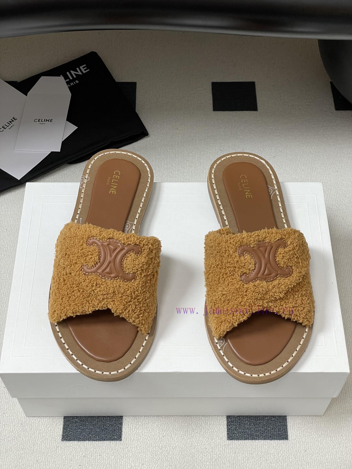-Top Quality25ss Spring/Summer New CELINE LYMPIA Twisted Plush Slippers Triumphal Arch Plush Fa e15on2u1 - Image 6