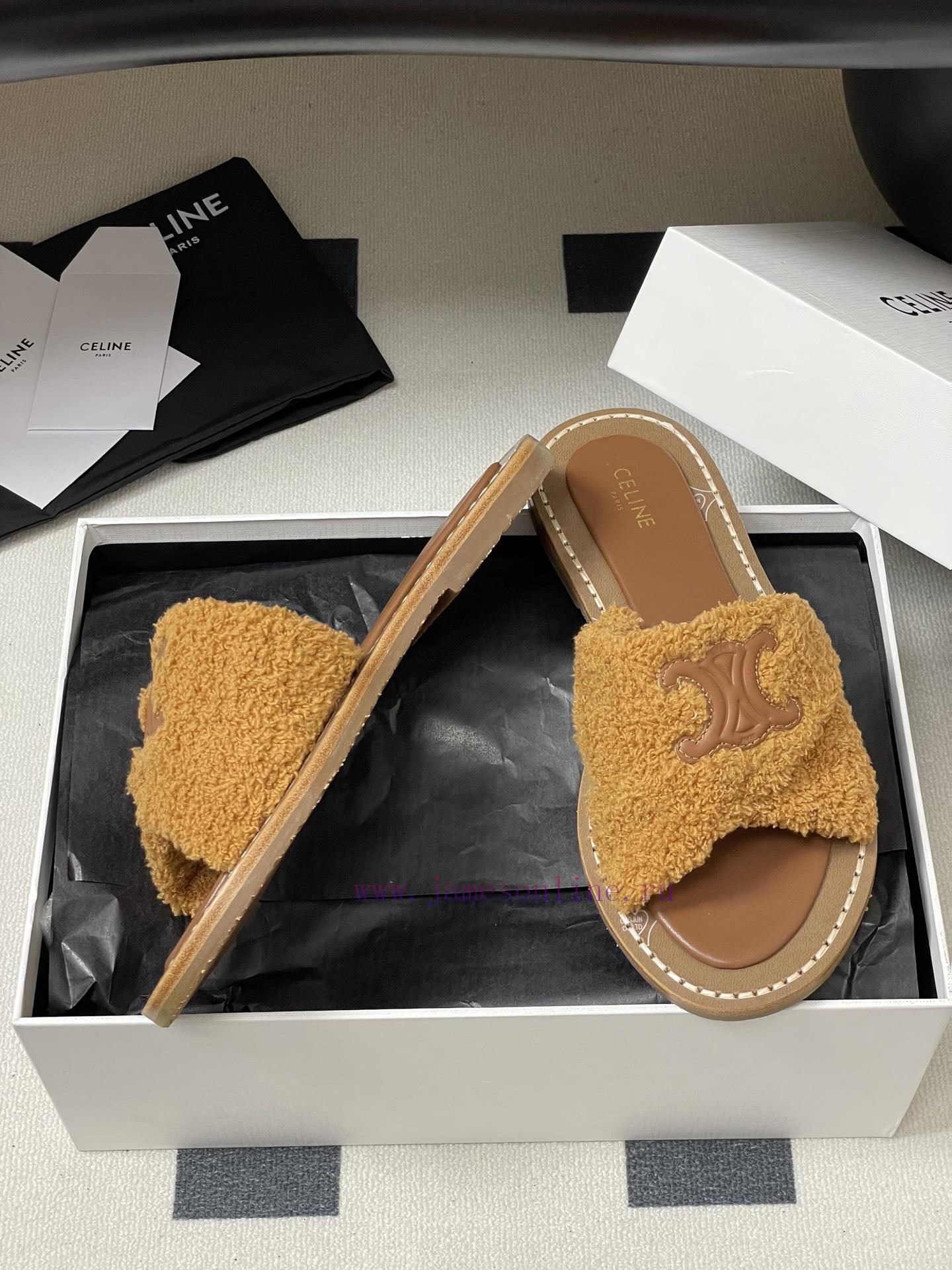 -Top Quality25ss Spring/Summer New CELINE LYMPIA Twisted Plush Slippers Triumphal Arch Plush Fa e15on2u1 - Image 7