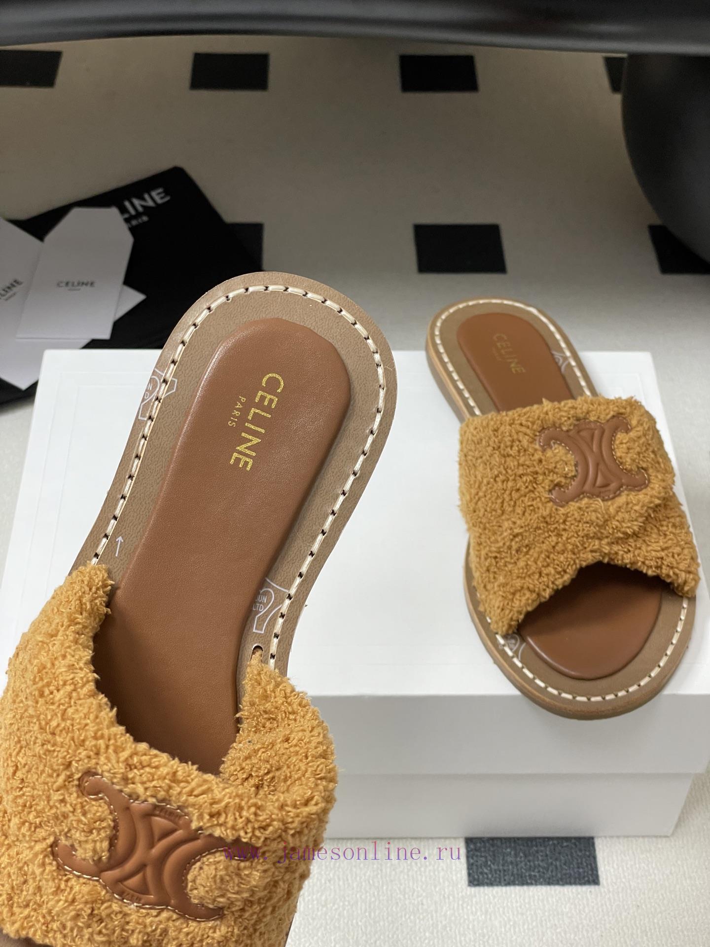 -Top Quality25ss Spring/Summer New CELINE LYMPIA Twisted Plush Slippers Triumphal Arch Plush Fa e15on2u1 - Image 8