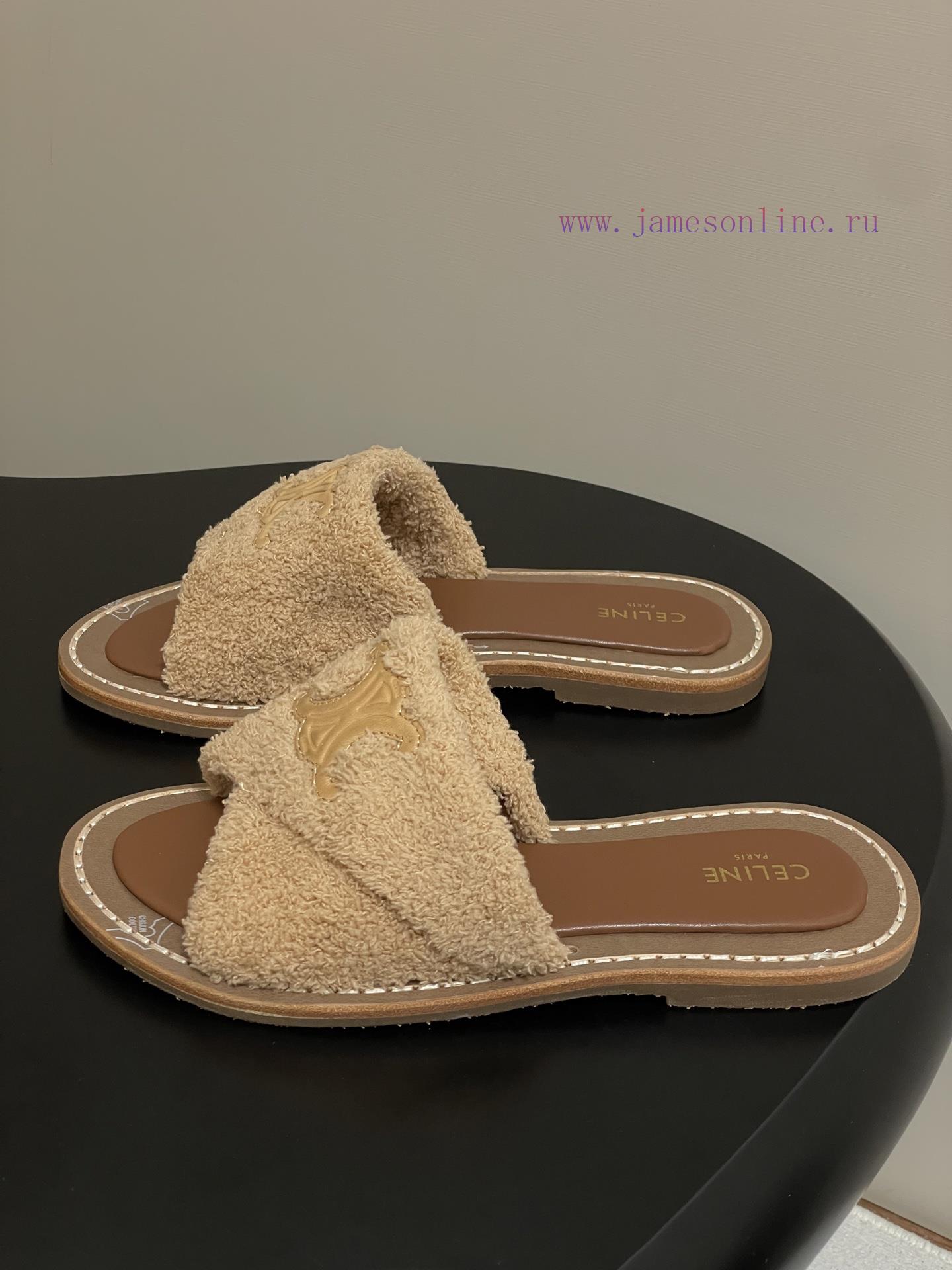 -Top Quality25ss Spring/Summer New CELINE LYMPIA Twisted Plush Slippers Triumphal Arch Plush Fa fjr1bn7f - Image 4