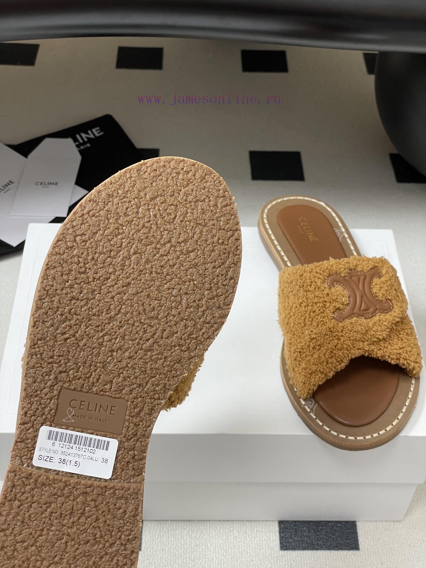 -Top Quality25ss Spring/Summer New CELINE LYMPIA Twisted Plush Slippers Triumphal Arch Plush Fa e15on2u1 - Image 9