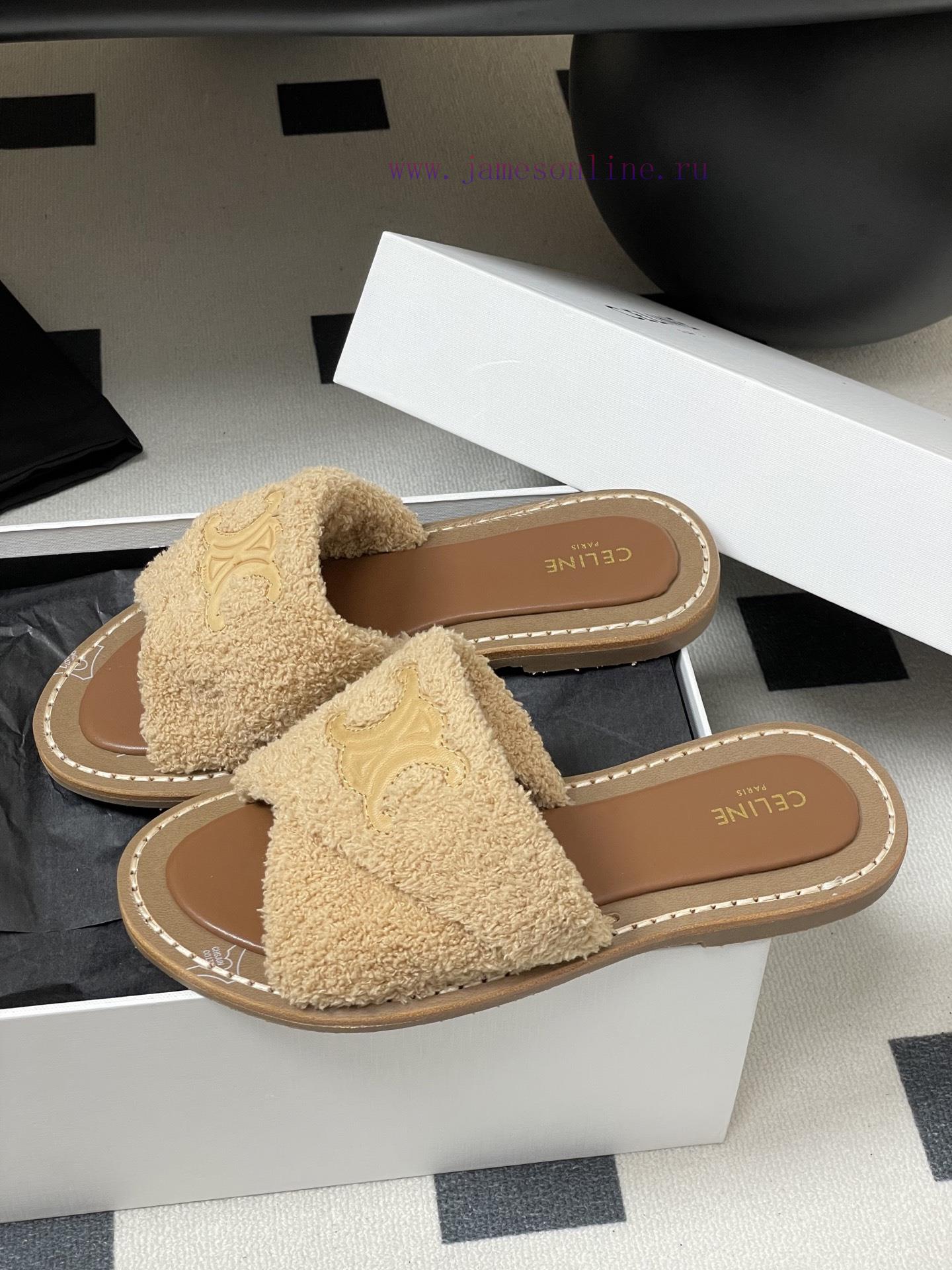 -Top Quality25ss Spring/Summer New CELINE LYMPIA Twisted Plush Slippers Triumphal Arch Plush Fa fjr1bn7f - Image 5