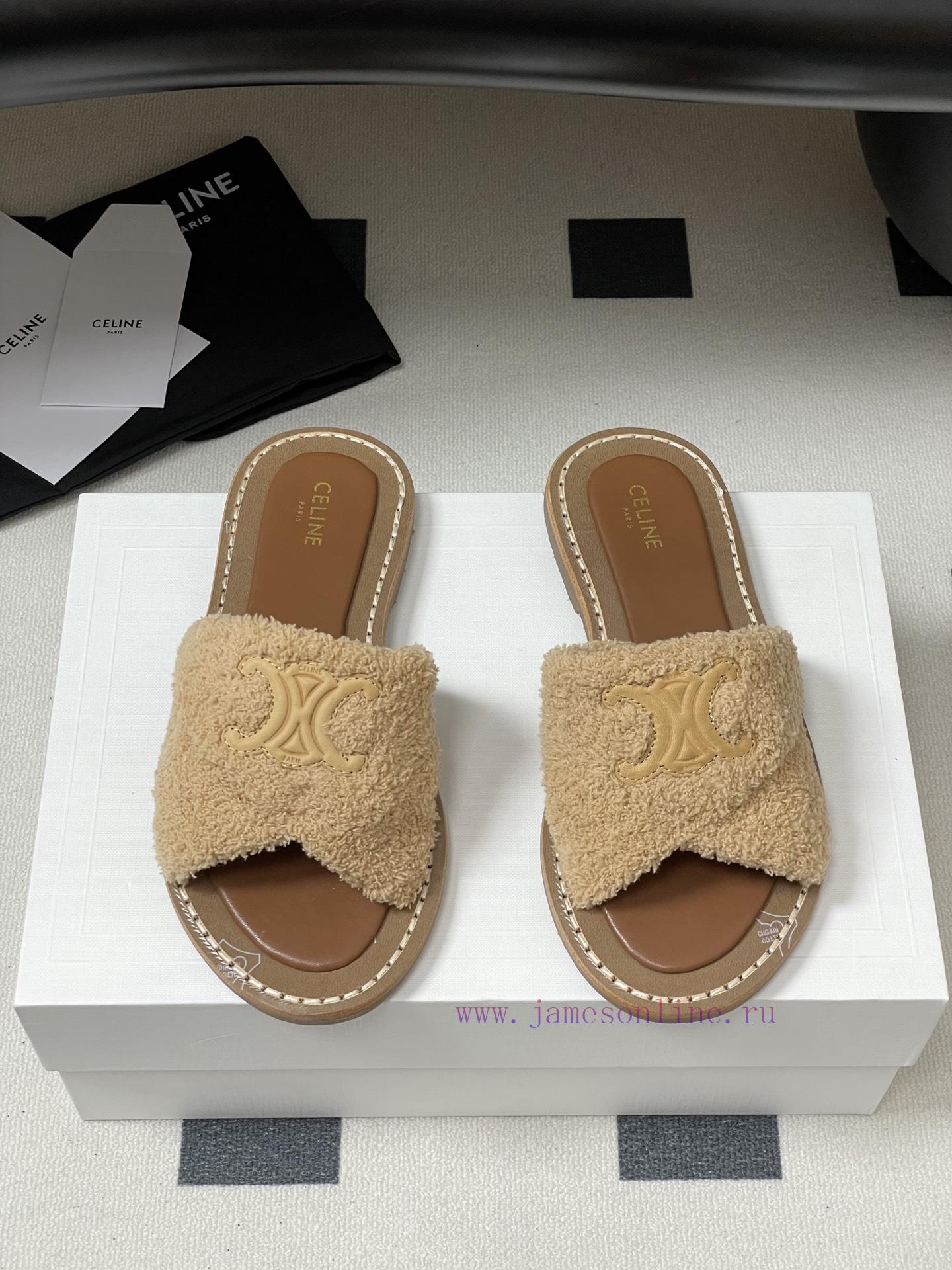 -Top Quality25ss Spring/Summer New CELINE LYMPIA Twisted Plush Slippers Triumphal Arch Plush Fa fjr1bn7f - Image 6