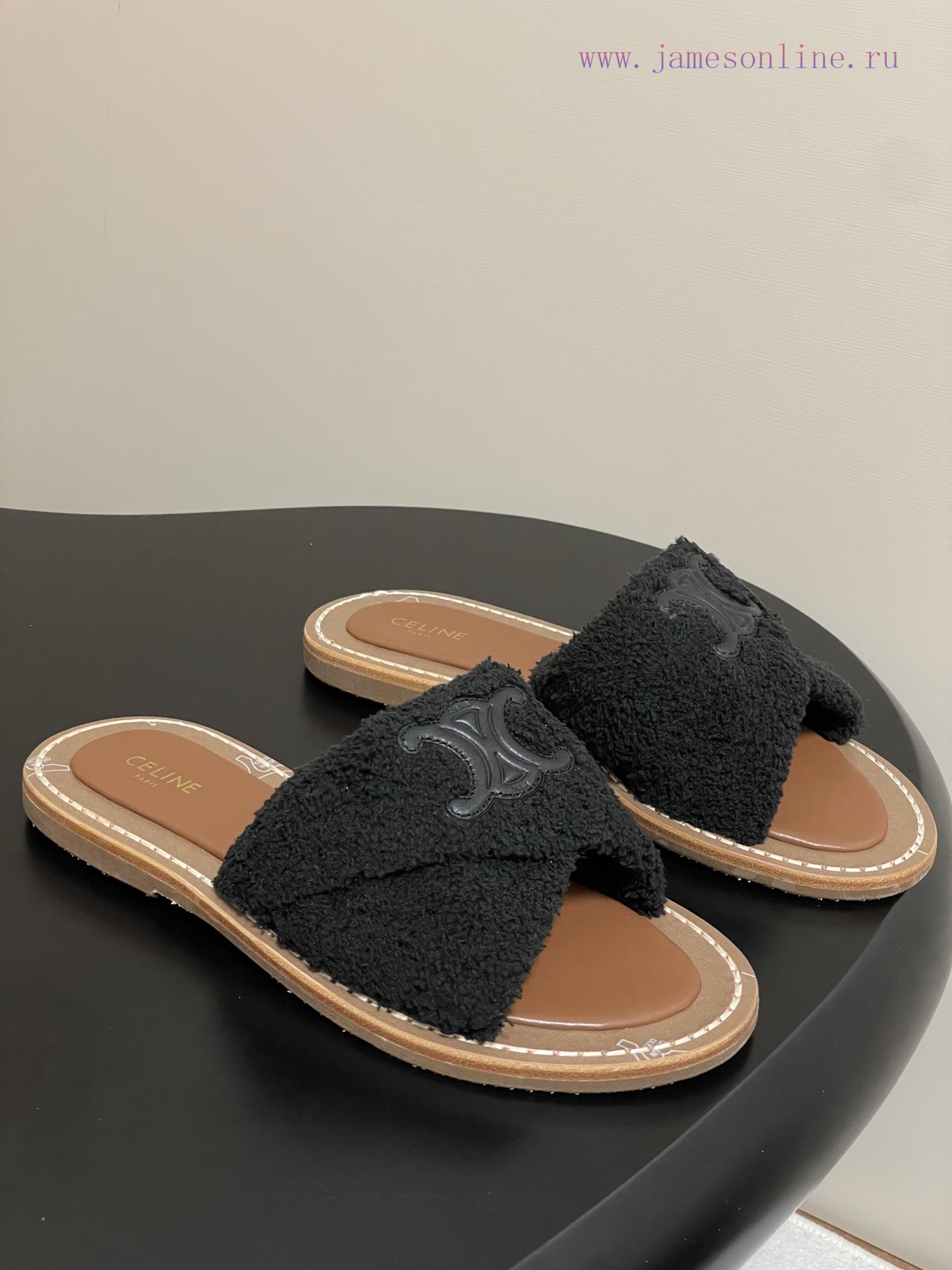 -Top Quality25ss Spring/Summer New CELINE LYMPIA Twisted Plush Slippers Triumphal Arch Plush Fa nb0k3fei - Image 2