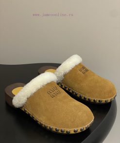 25ss Autumn/Winter Fashion MIUMIU Solid Wood Bottom Wool Half Slippers Thick Soled Mueller Shoe yzsgksrp