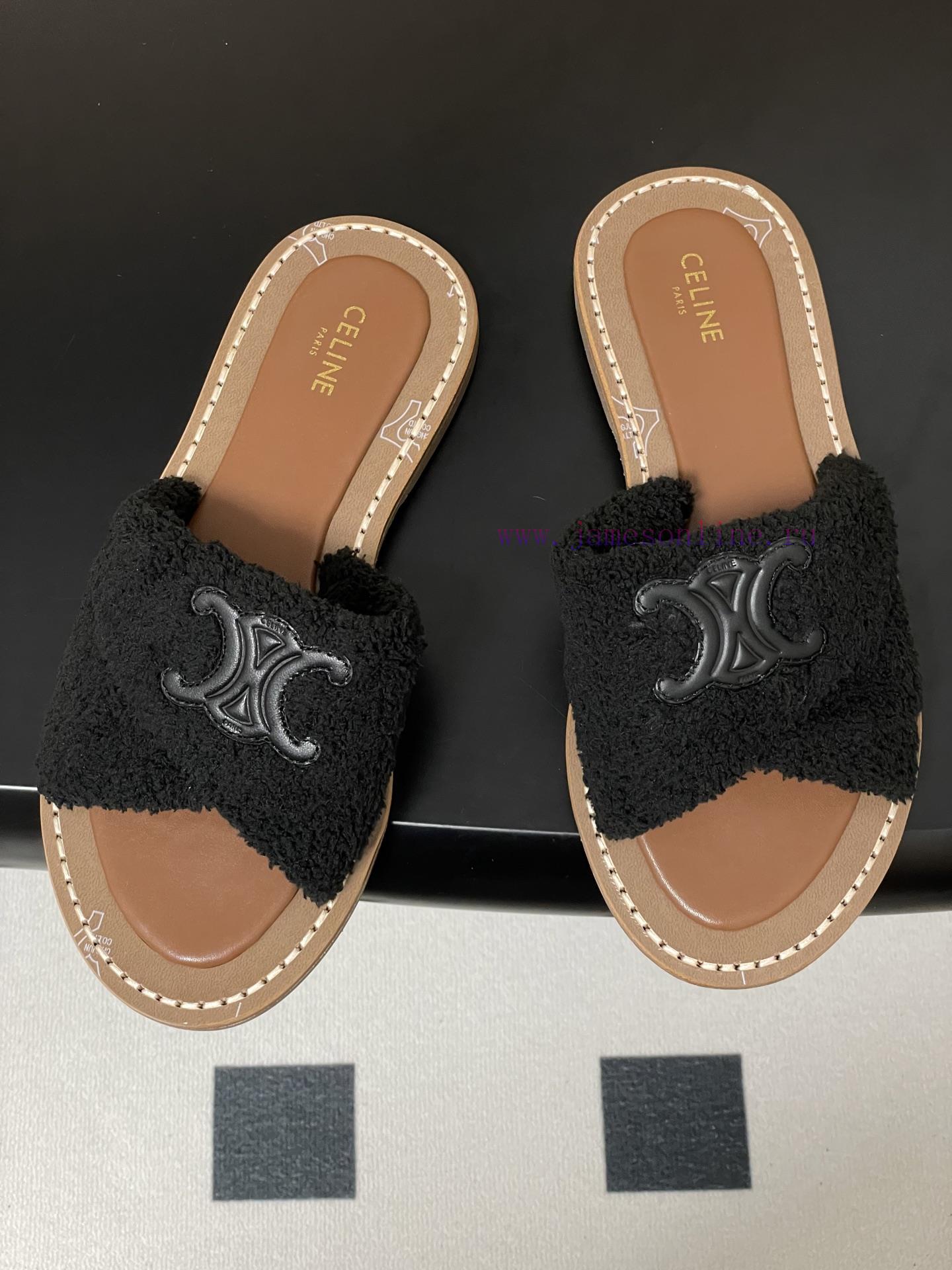 -Top Quality25ss Spring/Summer New CELINE LYMPIA Twisted Plush Slippers Triumphal Arch Plush Fa nb0k3fei - Image 3
