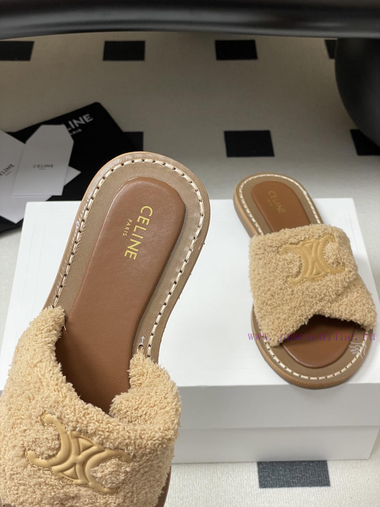 -Top Quality25ss Spring/Summer New CELINE LYMPIA Twisted Plush Slippers Triumphal Arch Plush Fa fjr1bn7f - Image 8