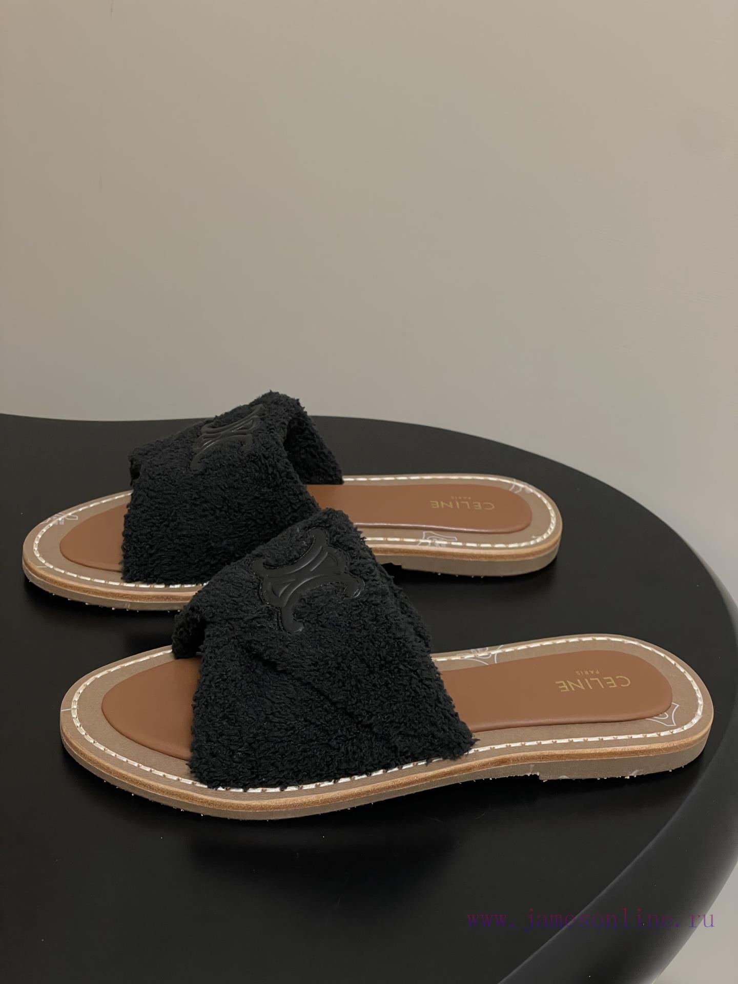 -Top Quality25ss Spring/Summer New CELINE LYMPIA Twisted Plush Slippers Triumphal Arch Plush Fa nb0k3fei - Image 4