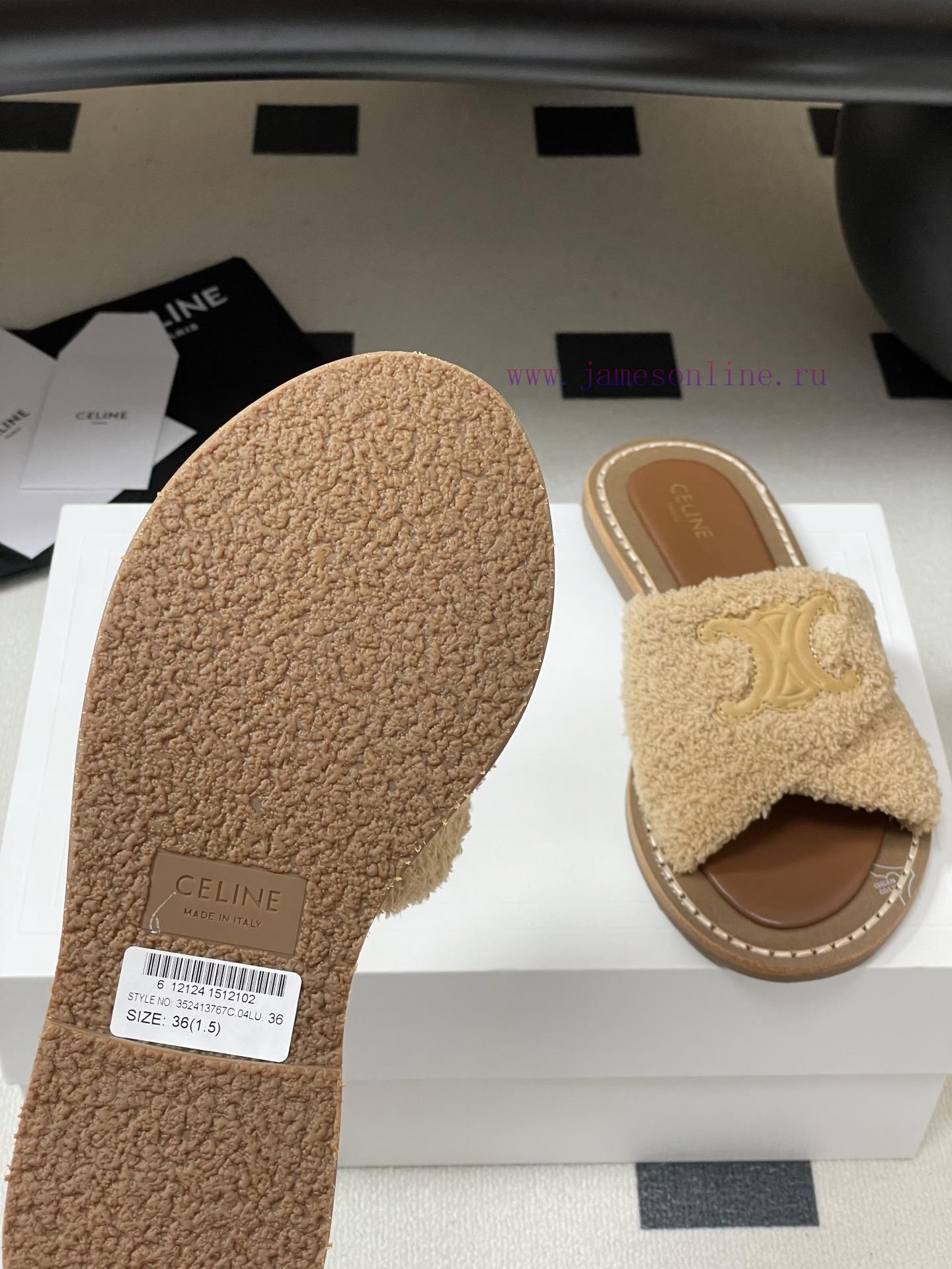 -Top Quality25ss Spring/Summer New CELINE LYMPIA Twisted Plush Slippers Triumphal Arch Plush Fa fjr1bn7f - Image 9