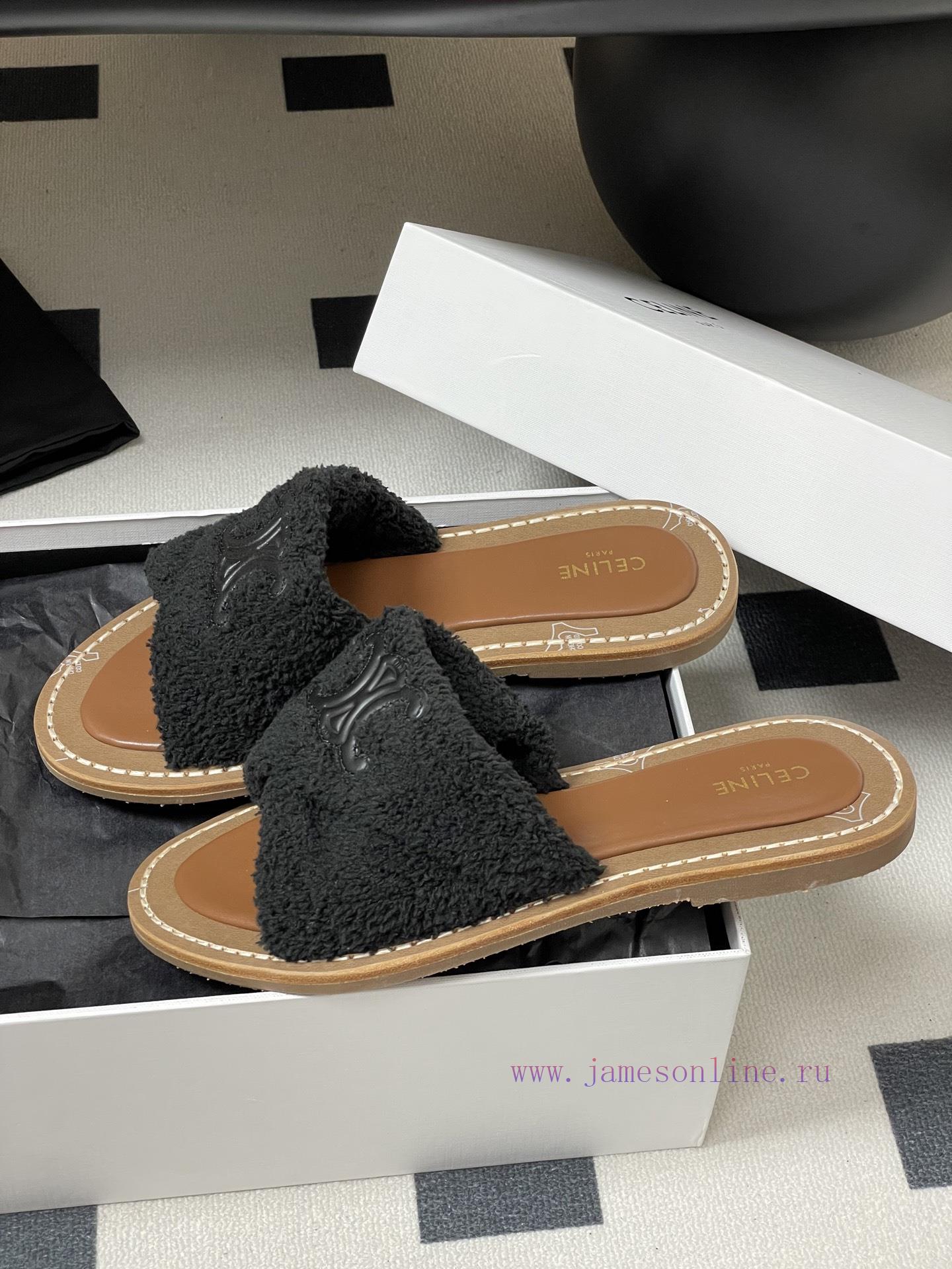 -Top Quality25ss Spring/Summer New CELINE LYMPIA Twisted Plush Slippers Triumphal Arch Plush Fa nb0k3fei - Image 5