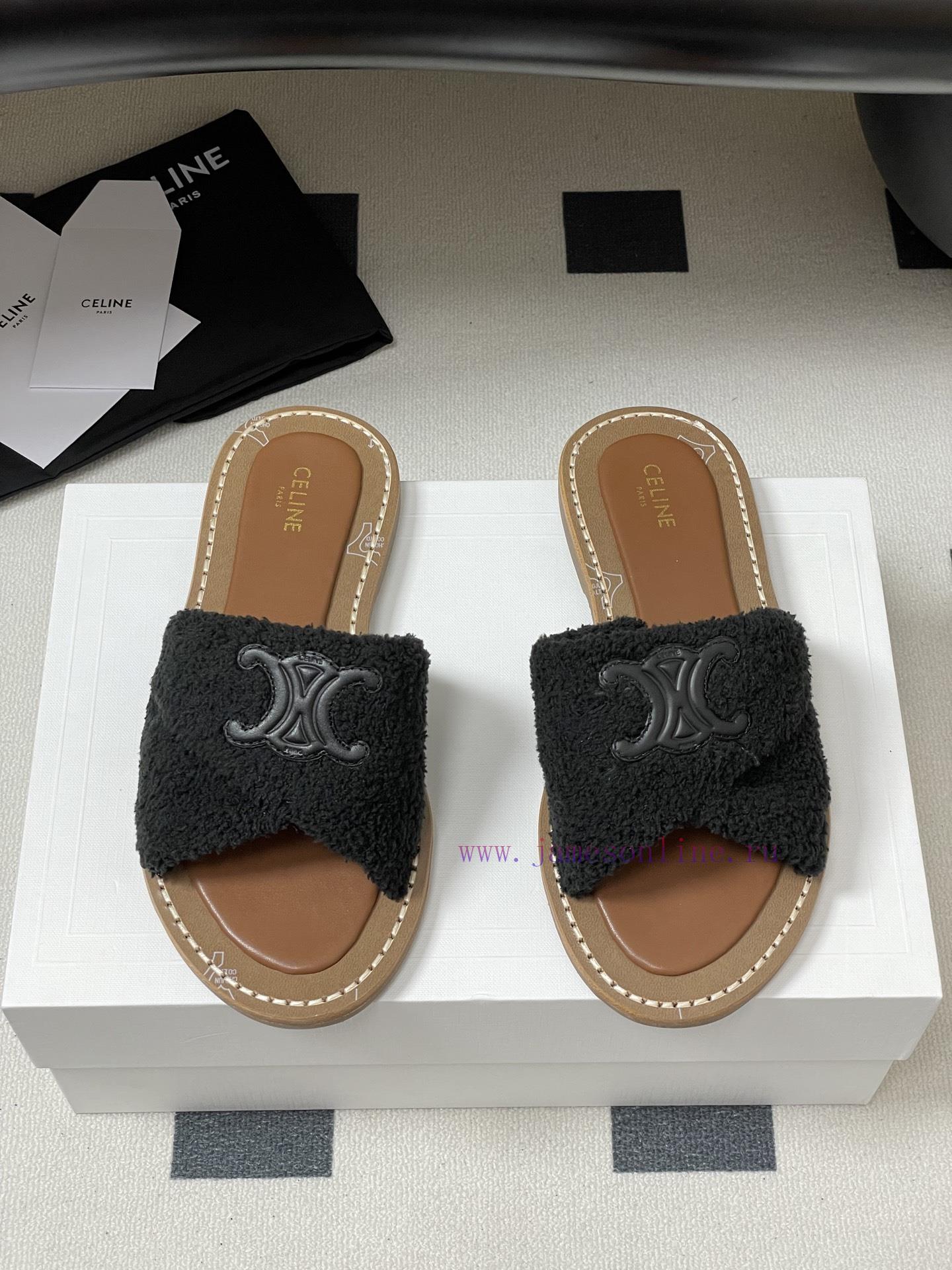 -Top Quality25ss Spring/Summer New CELINE LYMPIA Twisted Plush Slippers Triumphal Arch Plush Fa nb0k3fei - Image 6