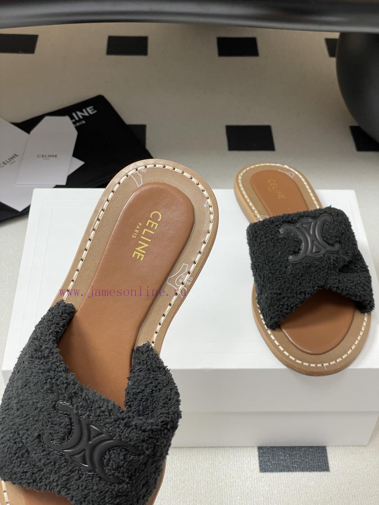 -Top Quality25ss Spring/Summer New CELINE LYMPIA Twisted Plush Slippers Triumphal Arch Plush Fa nb0k3fei - Image 8