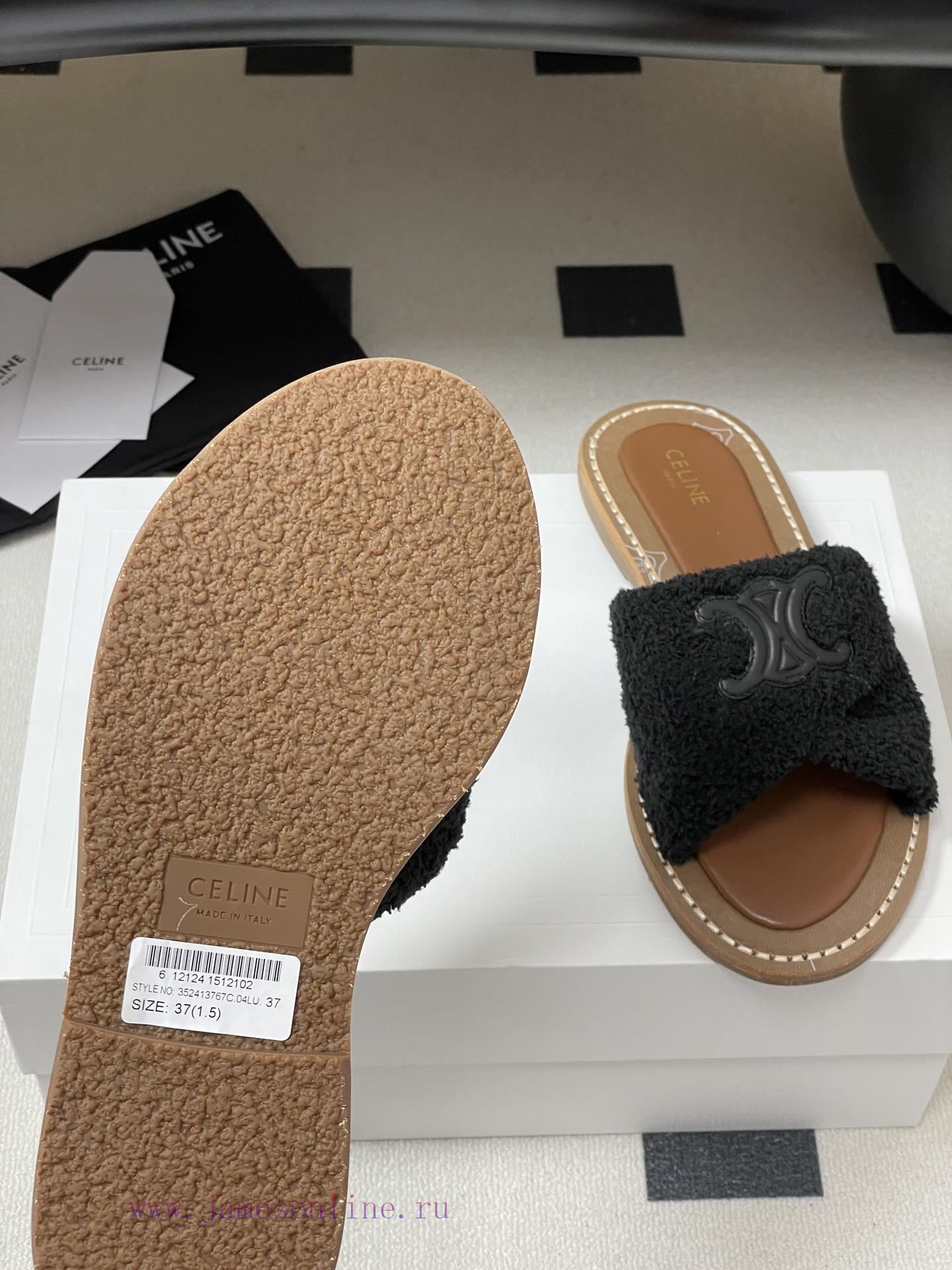 -Top Quality25ss Spring/Summer New CELINE LYMPIA Twisted Plush Slippers Triumphal Arch Plush Fa nb0k3fei - Image 9