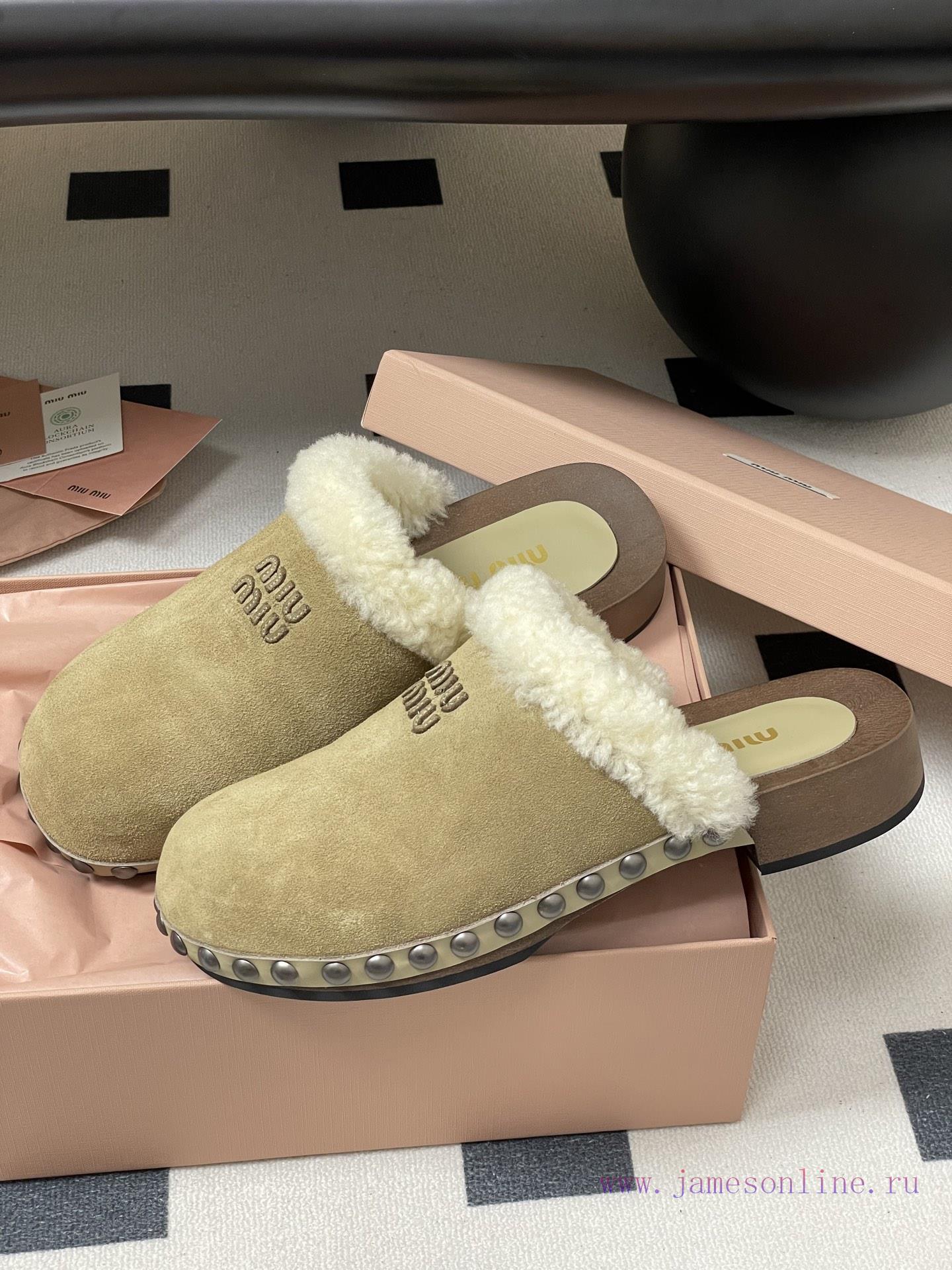 25ss Autumn/Winter Fashion MIUMIU Solid Wood Bottom Wool Half Slippers Thick Soled Mueller Shoe 3uuuawe3 - Image 5