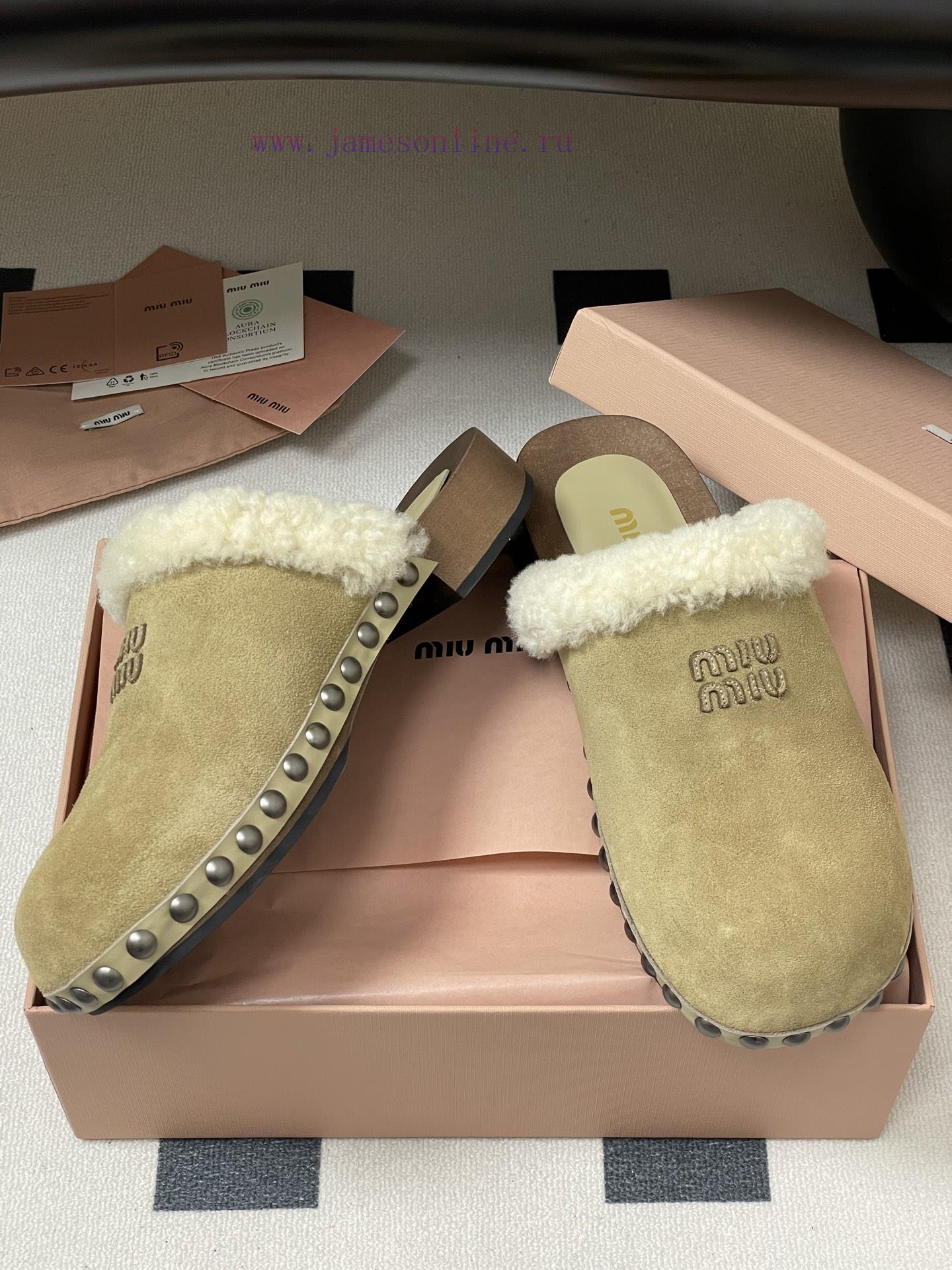 25ss Autumn/Winter Fashion MIUMIU Solid Wood Bottom Wool Half Slippers Thick Soled Mueller Shoe 3uuuawe3 - Image 7