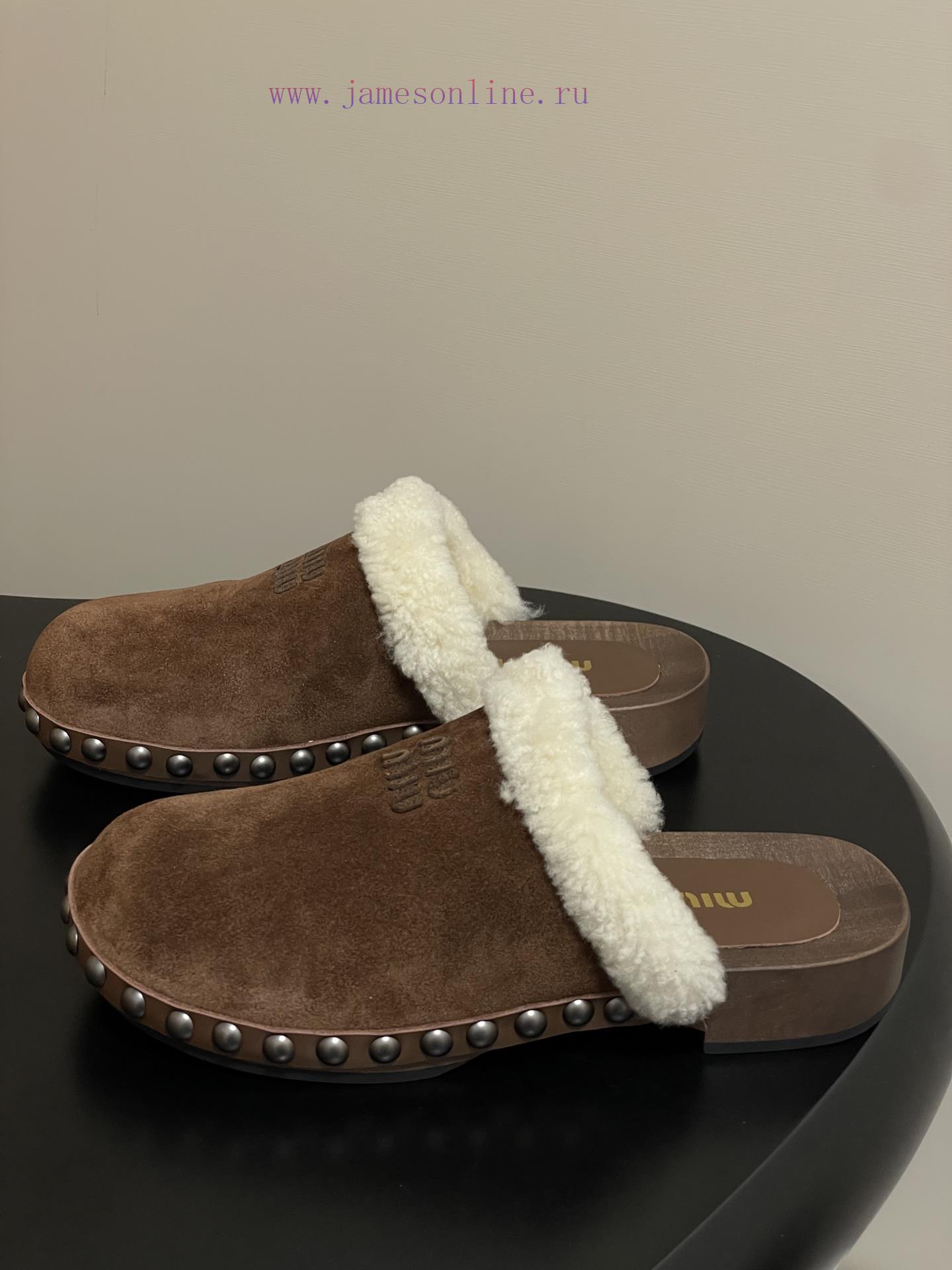 25ss Autumn/Winter Fashion MIUMIU Solid Wood Bottom Wool Half Slippers Thick Soled Mueller Shoe lnxoehmk - Image 4