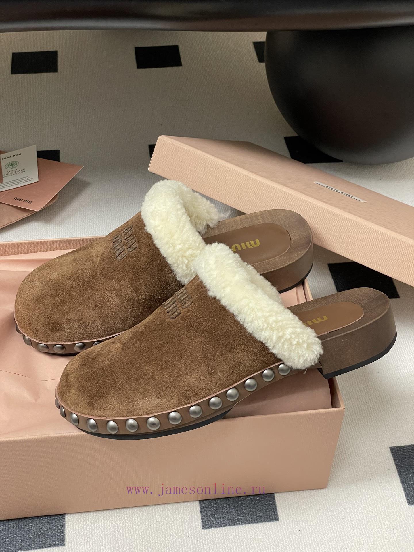 25ss Autumn/Winter Fashion MIUMIU Solid Wood Bottom Wool Half Slippers Thick Soled Mueller Shoe lnxoehmk - Image 5